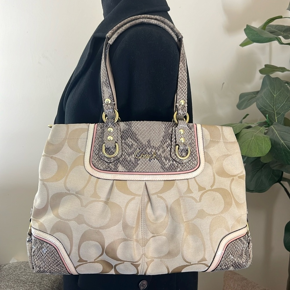 Coach Beige Signature Canvas And Python Embossed … - image 1